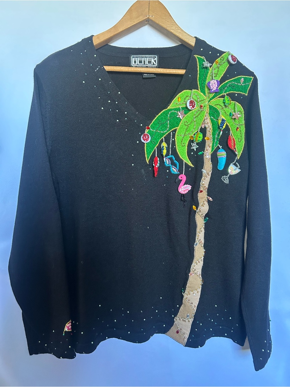 Berek Black Embellished Palm Tree V-Neck Top with Colorful Accents
